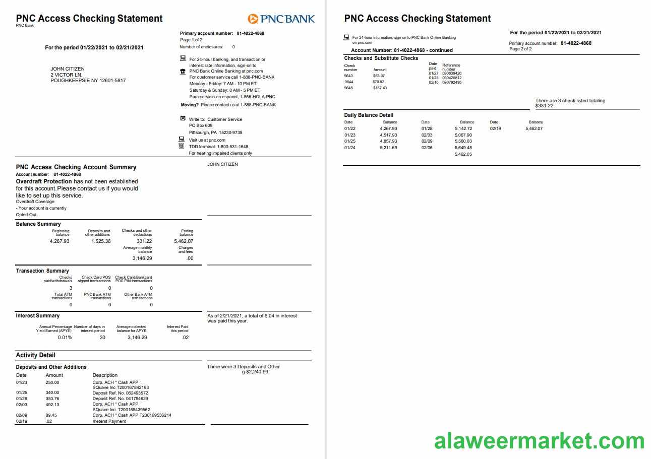 USA PNC bank statement, Word and PDF template, 2 pages